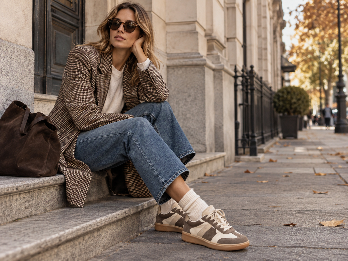 Moderný každodenný outfit s retro teniskami širokými rifľami blejzrom a veľkou kabelkou