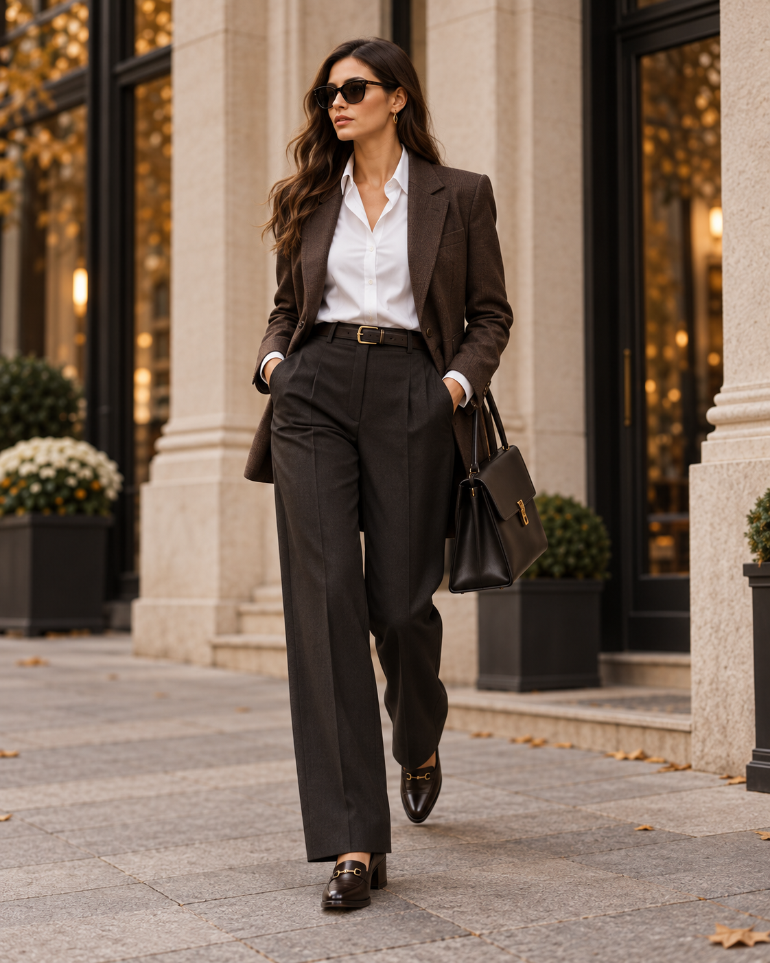 Elegantný jesenný outfit s hnedým blejzrom bielou košeľou a nohavicami