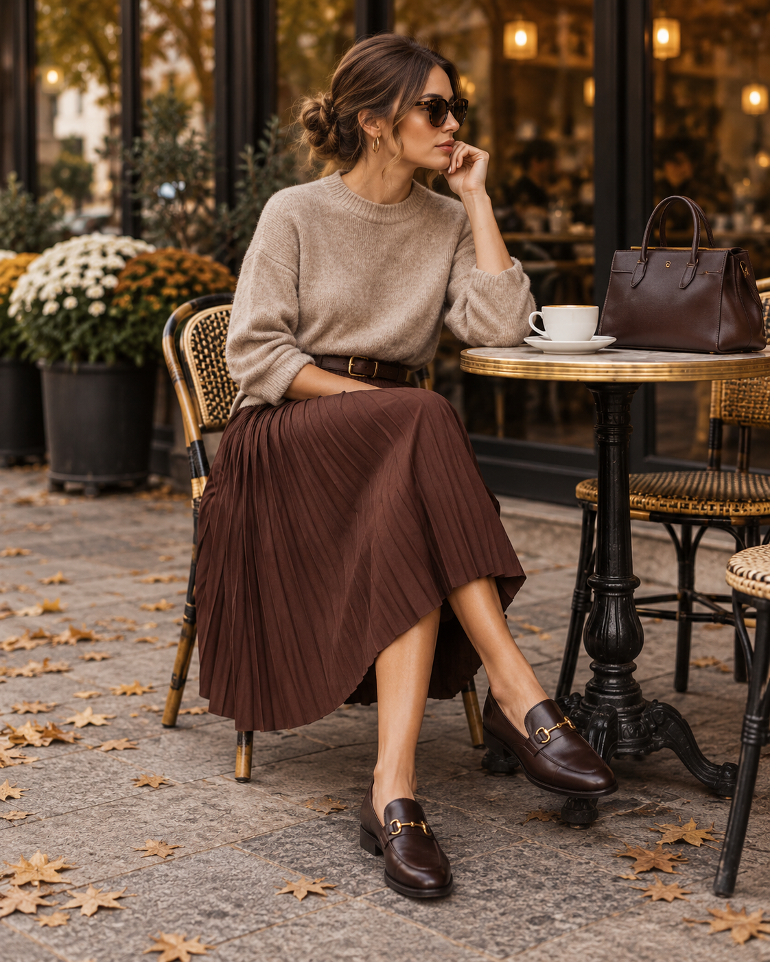 Jesenný dámsky outfit so svetrom hnedou midi sukňou a loafers