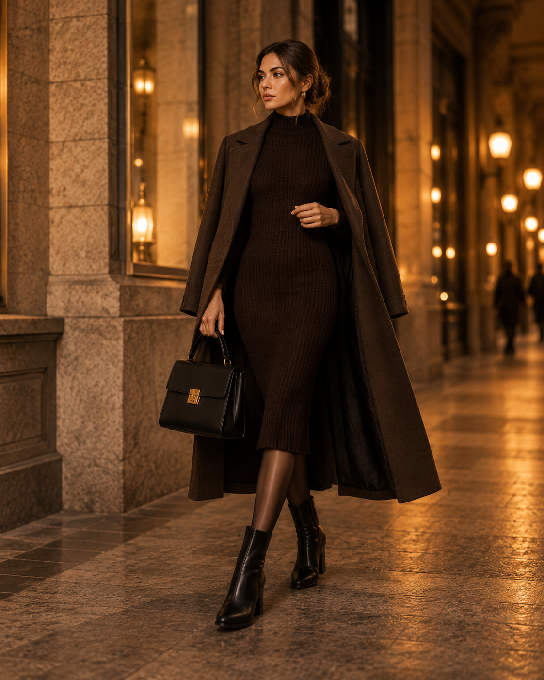 Elegantný jesenný outfit s tmavými pletenými šatami dlhým kabátom a členkovými čižmami