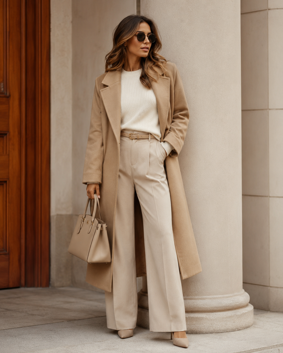 Elegantný dámsky outfit v béžových, krémových a camel odtieňoch