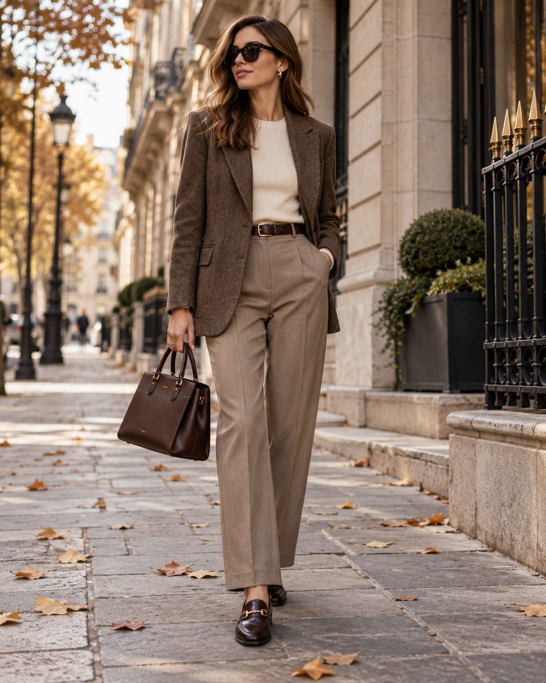 Elegantný jesenný outfit do kancelárie s hnedým blejzrom nohavicami loafers a štruktúrovanou kabelkou