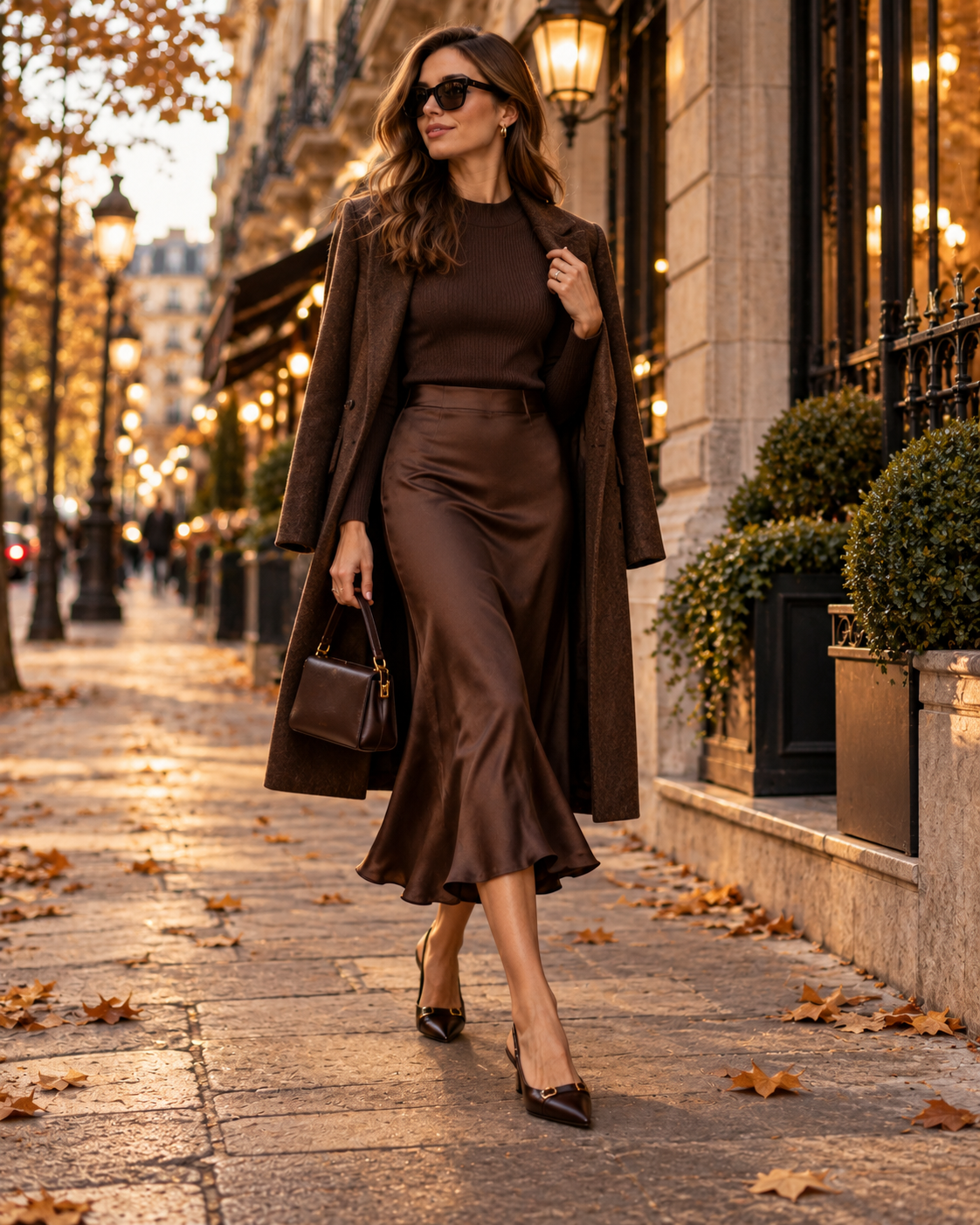 Elegantný večerný jesenný outfit v čokoládových tónoch s midi sukňou blejzrom elegantnými topánkami a kabelkou